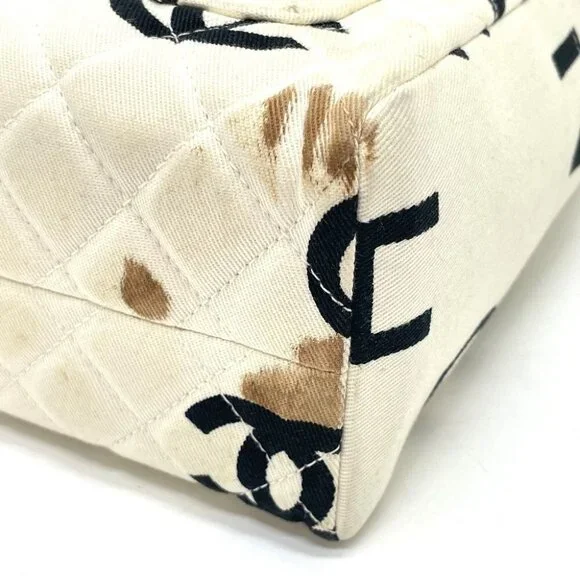 CHANEL Matelasse logo Tote Bag Hand Bag Cotton Canvas Ivory x Black - Picture 4 of 11
